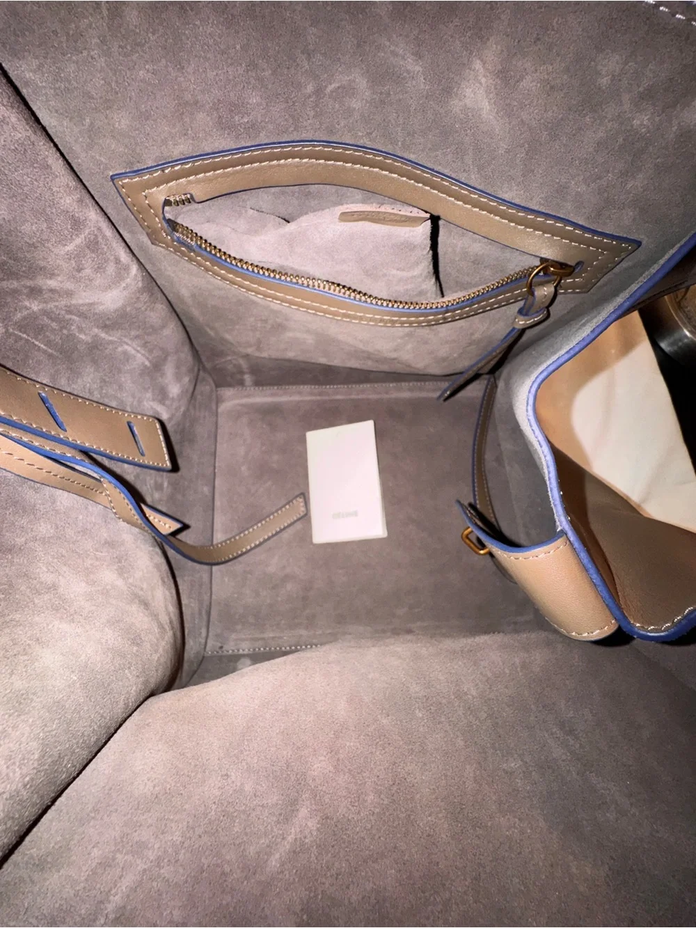Celine Taupe Leather Satchel with Blue Trim